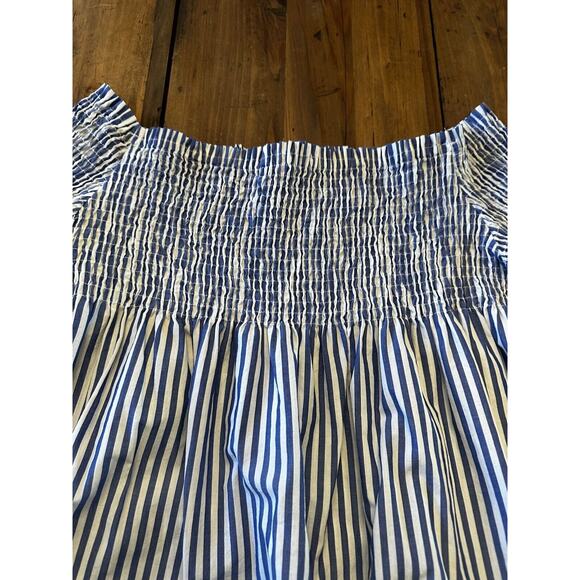 Zara Off the Shoulder Blue White Stripe Smocked Top Bell Sleeve Size Small - Picture 4 of 6